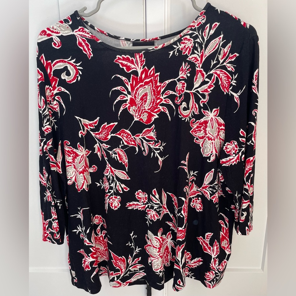 J. Jill top black red floral pattern 3/4 sleeves crewneck tee shirt large